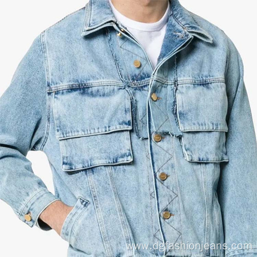 Custom Button Mens Light Blue Washed Denim Jacket